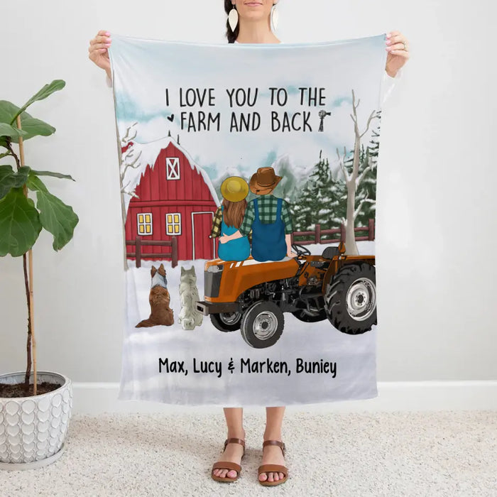 Personalized Blanket, Farming Couple On Tractor With Dogs, Winter Theme, Gift For Farmers And Dog Lovers