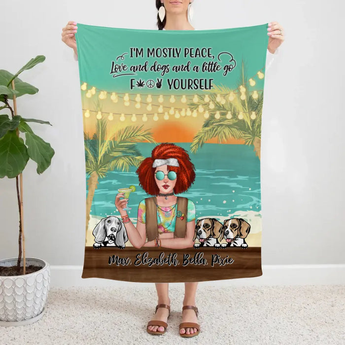 Personalized Blanket, Hippie Girl with Dogs On The Beach, Gifts For Hippie and Dog Lovers