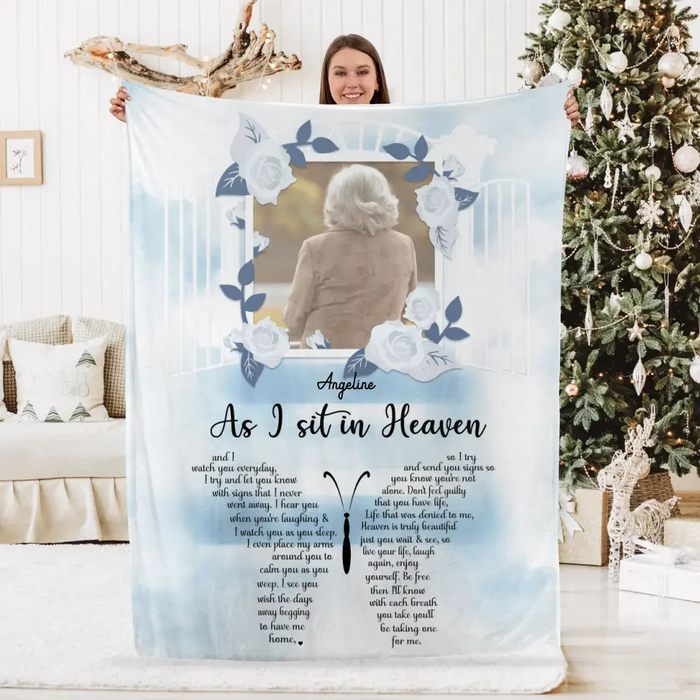 Personalized Blanket, As I Sit In Heaven And I Watch You Every Day, Memorial Gifts For Loss Of Parents, Photo Upload Gifts