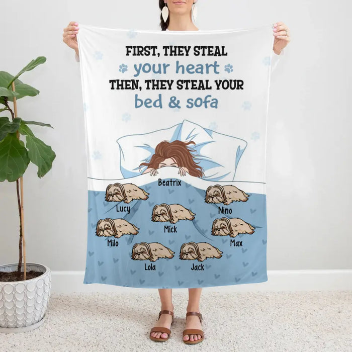 Personalized Blanket, First They Steal Your Heart Then They Steal Your Bed & Sofa, Gift For Dog Lovers