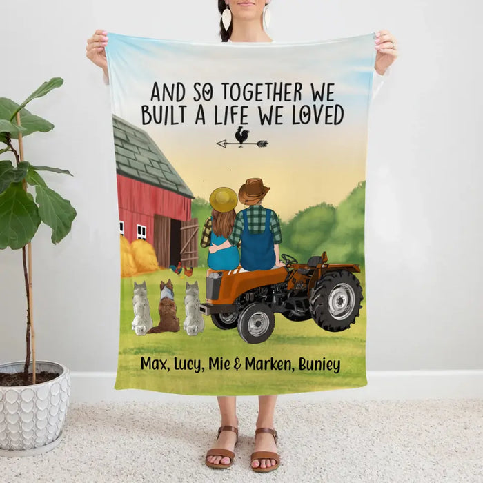 Personalized Blanket, Farming Couple On Tractor With Dogs, Gift For Farmers, Gift For Dog Lovers