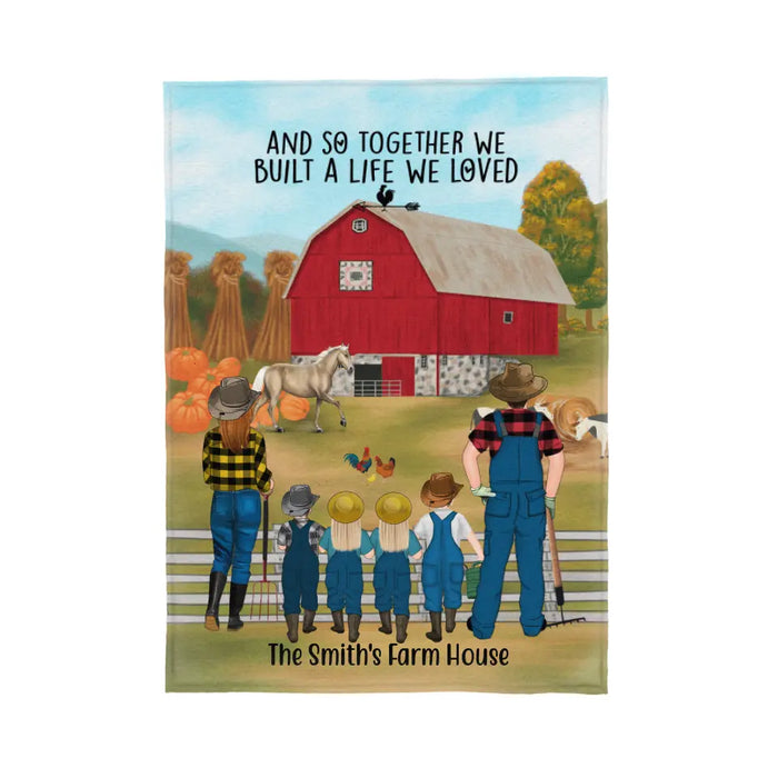 Personalized Blanket, Farming Family Harvest In The Fall, Up To 4 Kids, Gift For Farmers