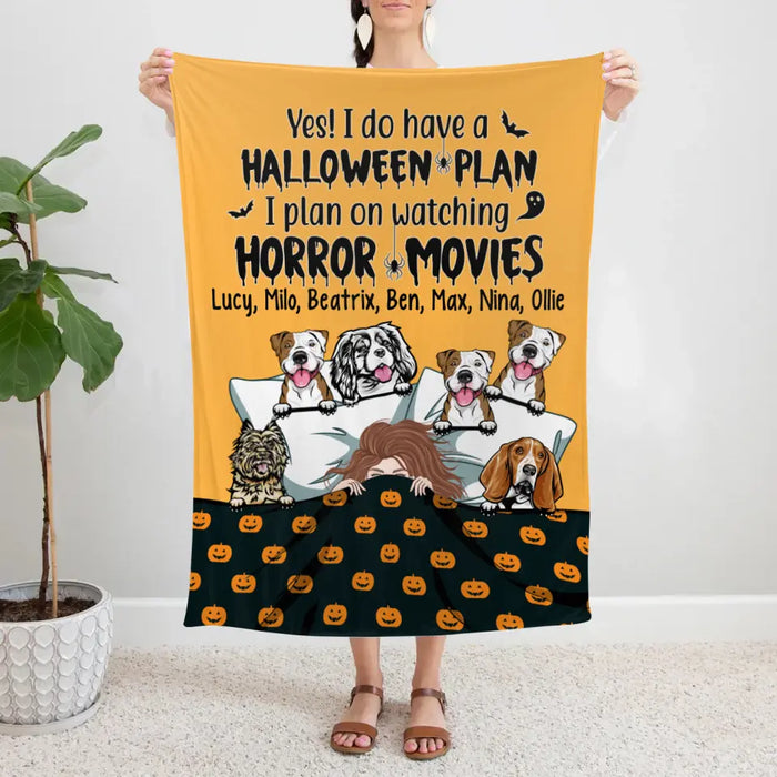 Personalized Blanket, Up To 6 Dogs, Sleeping Girl With Dogs, Yes I Do Have A Halloween Plan, Halloween Gift For Dog Lovers