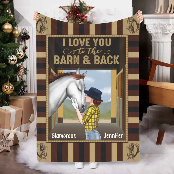 Personalized Blanket, I Love You To The Barn And Back, Woman Kissing A Horse, Gifts For Horse Riding Lovers