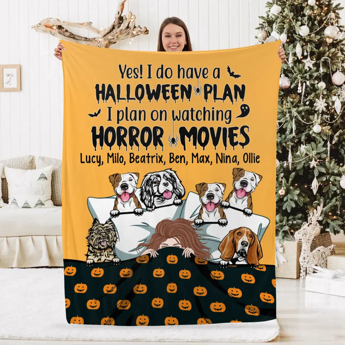 Personalized Blanket, Up To 6 Dogs, Sleeping Girl With Dogs, Yes I Do Have A Halloween Plan, Halloween Gift For Dog Lovers