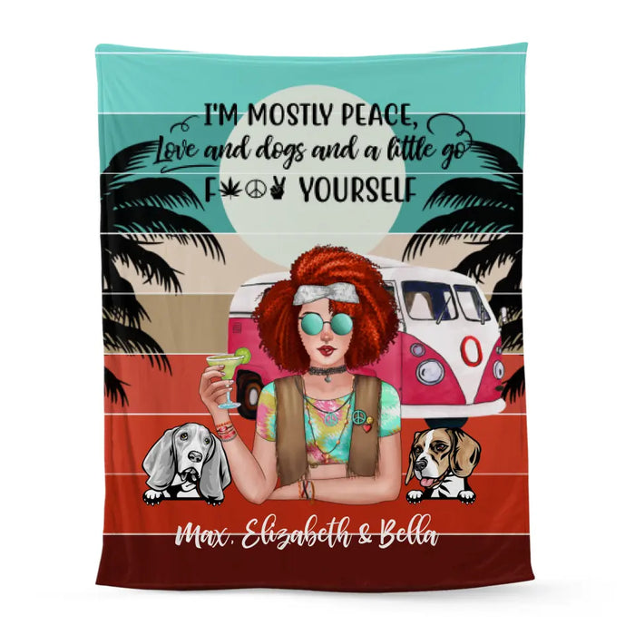 Personalized Blanket, Hippie Girl with Dogs Custom Gift For Dog and Hippie Lovers
