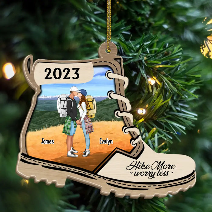 Hike More Worry Less- Personalized Christmas Gifts Custom Wooden Ornament For Kissing Couples, Hiking Lovers