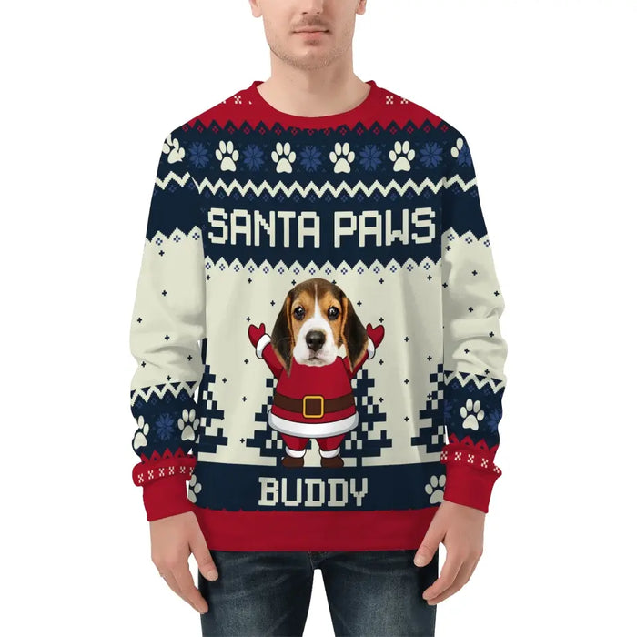 Santa Paws Personalized Photo Upload Custom Unisex Ugly Christmas Sweater, Christmas Gift For Pet Lovers