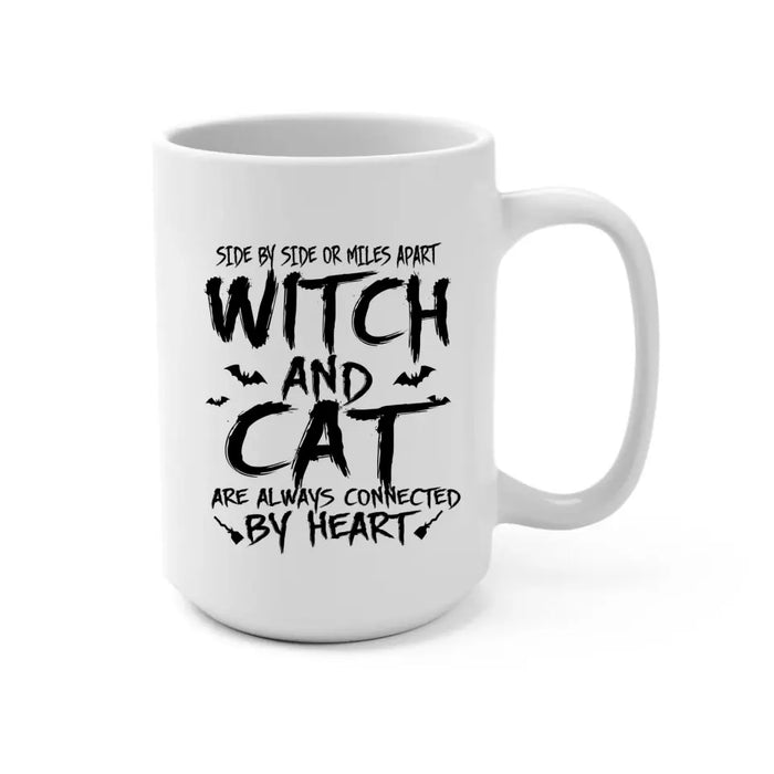 Personalized Mug, Witch And Cats Connected By Heart - Halloween Gift For Cat Lovers