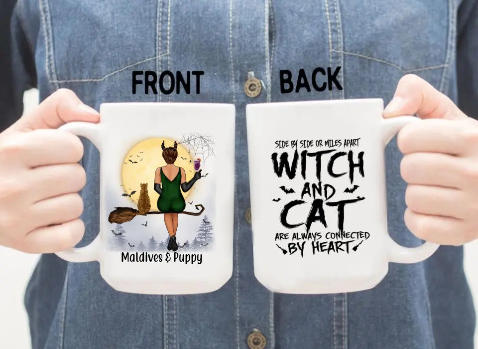 Personalized Mug, Witch And Cats Connected By Heart - Halloween Gift For Cat Lovers
