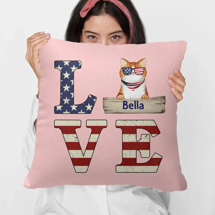 Personalized Pillow, Americans Love Cats, Custom Gift For 4th Of July And Cat Lovers