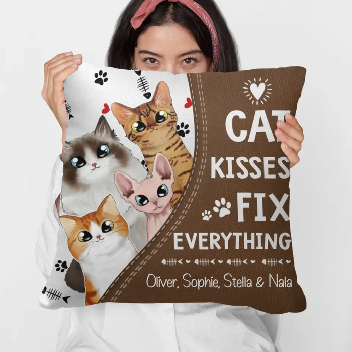Personalized Pillow, Cat Kisses Fix Everything, Custom Gift For Cat Mom, Cat Dad And Cat Lovers