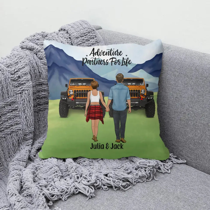 Personalized Pillow, Couple Holding Hands, Adventure Partners, Gift for Friends, Car Lovers