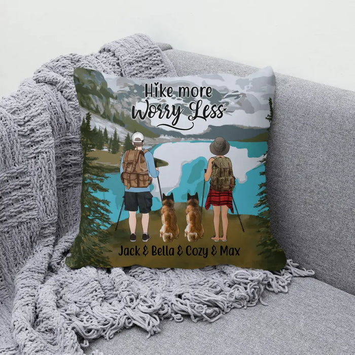 Personalized Pillow, Couple Hiking With Dogs - Gift for Hikers, Dog Lovers