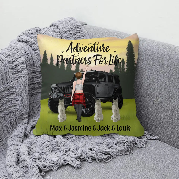 Personalized Pillow, Adventure Girl With Cats And Dogs, Custom Gift For Dogs and Car Lovers