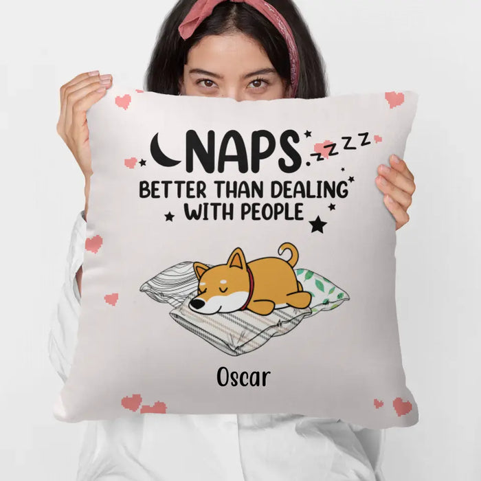 Personalized Pillow, Naps Better Than Dealing With People, Sleeping Dog, Gift for Dog Lover
