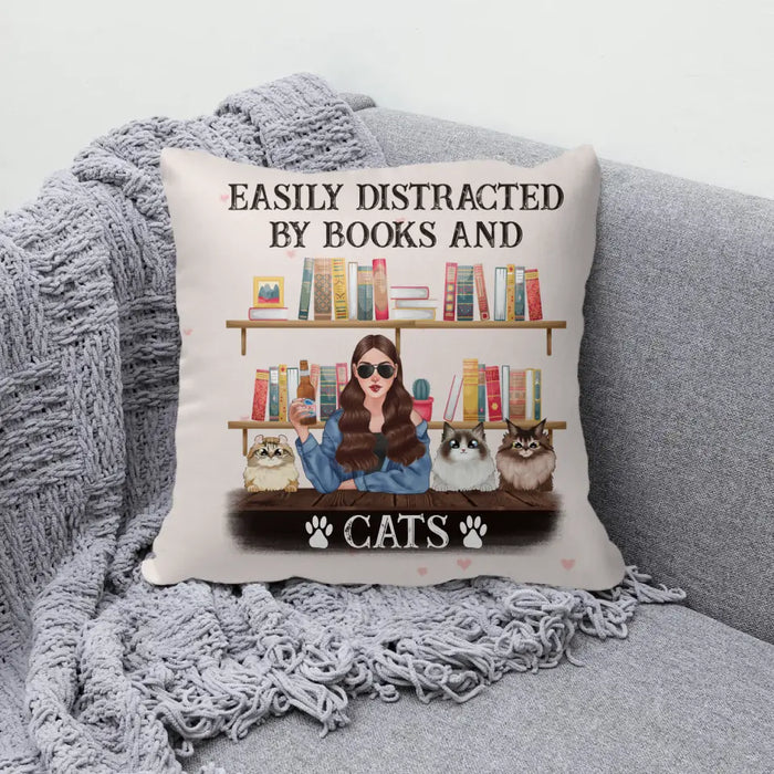 Personalized Pillow, Easily Distracted By Books And Cats, Gifts For Book Lovers, Cat Lovers