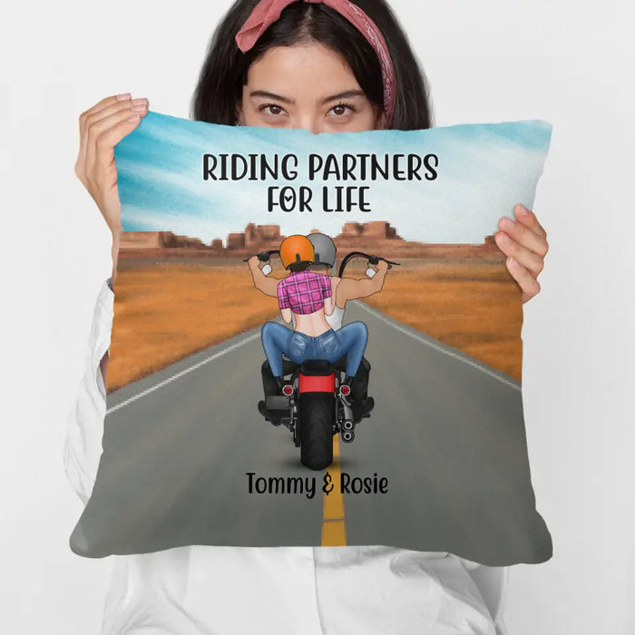 Personalized Pillow, Motorcycle Couple - Riding Partners For Life, Gift For Motorcycle Lovers