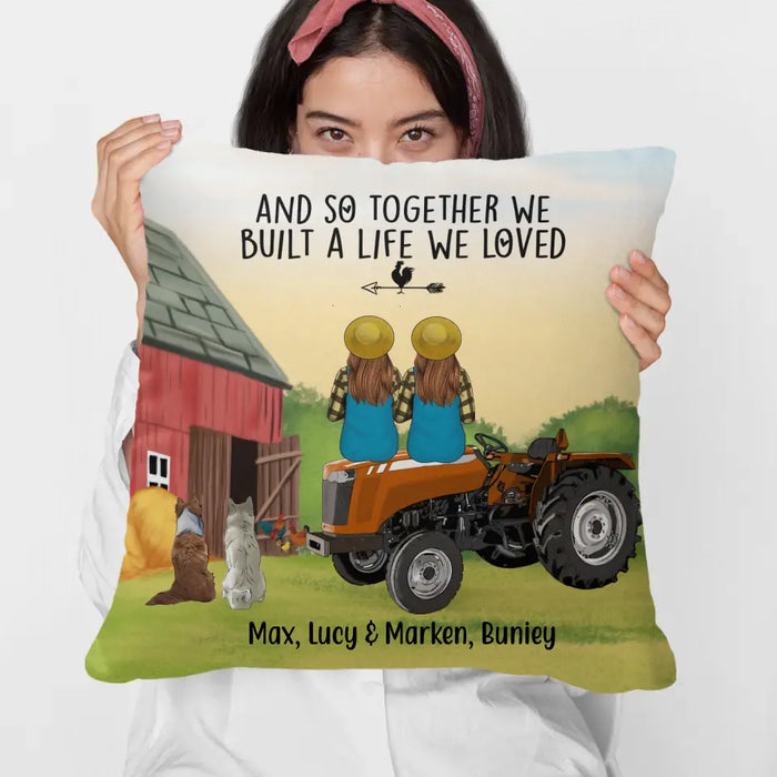 Personalized Pillow, Farming Sisters On Tractor With Dogs, Gift For Farmers, Gift For Dog Lovers