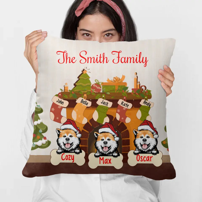 Personalized Pillow, Christmas Fireplace With Dogs, Christmas Gift For Family, Dog Lovers