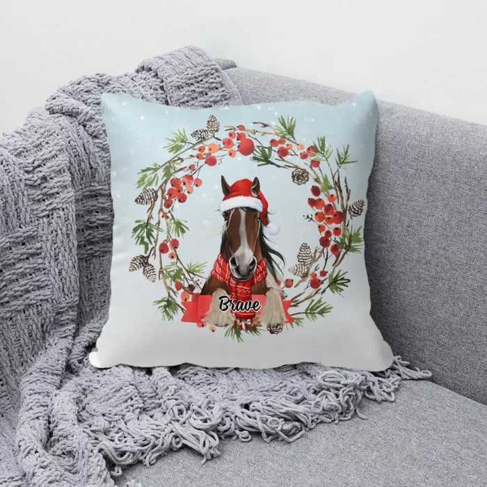 Personalized Pillow, Horse Wreath, Christmas Gift For Horse Lovers