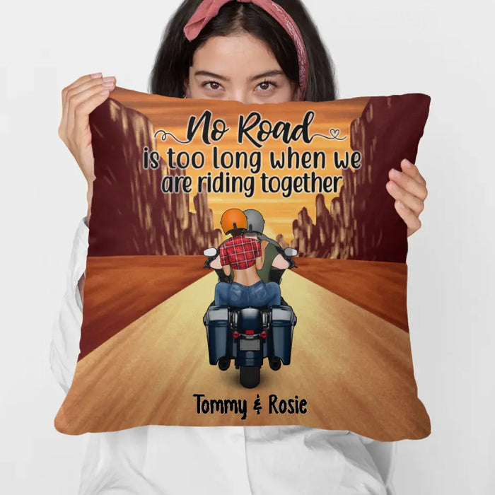 Personalized Pillow, Motorcycle Couple, No Road Is Too Long, Gift For Biker Couple, Motorcycle Lovers