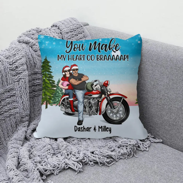 Personalized Pillow, You Make My Heart Go Braaaaap - Motorcycle Couple Front View, Gift For Motorcycle Lovers