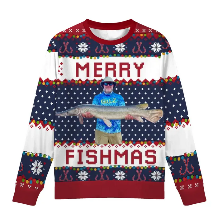 Personalized Merry Fishmas Christmas Ugly Sweater, Custom Photo Christmas Sweater, Christmas Gifts for Him, Fishing Lovers