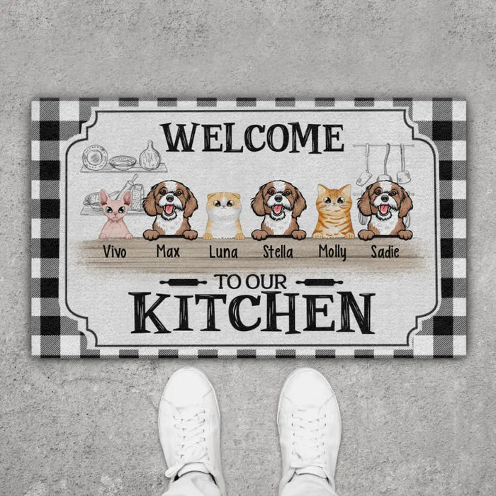 Personalized Doormat, Up To 6 Pets, Welcome To Our Kitchen, Gift For Dog Lovers, Cat Lovers And Cooking Lovers