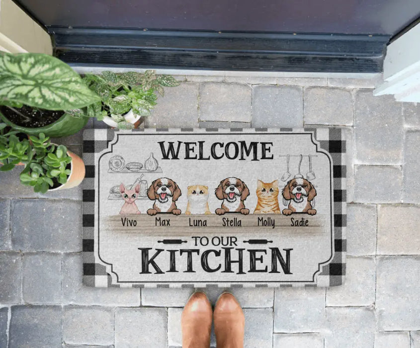 Personalized Doormat, Up To 6 Pets, Welcome To Our Kitchen, Gift For Dog Lovers, Cat Lovers And Cooking Lovers