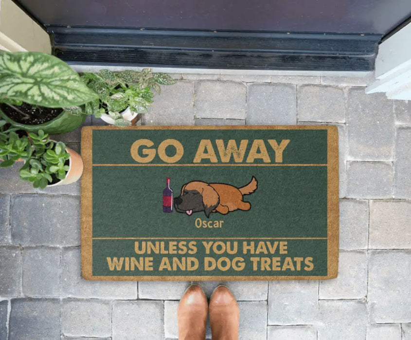 Personalized Doormat, Go Away Unless You Have Wine And Dog Treats, Gifts For Dog Lovers