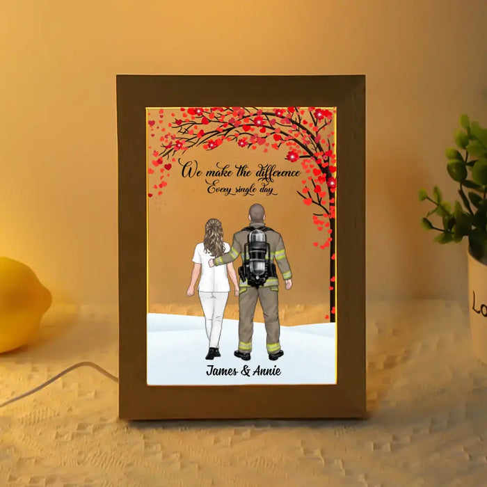 We Make The Difference Every Single Day - Personalized Gift Custom Photo Frame Lamp, Gift For Couples, Firefighter EMS Nurse Police Officer Military Couple Portrait