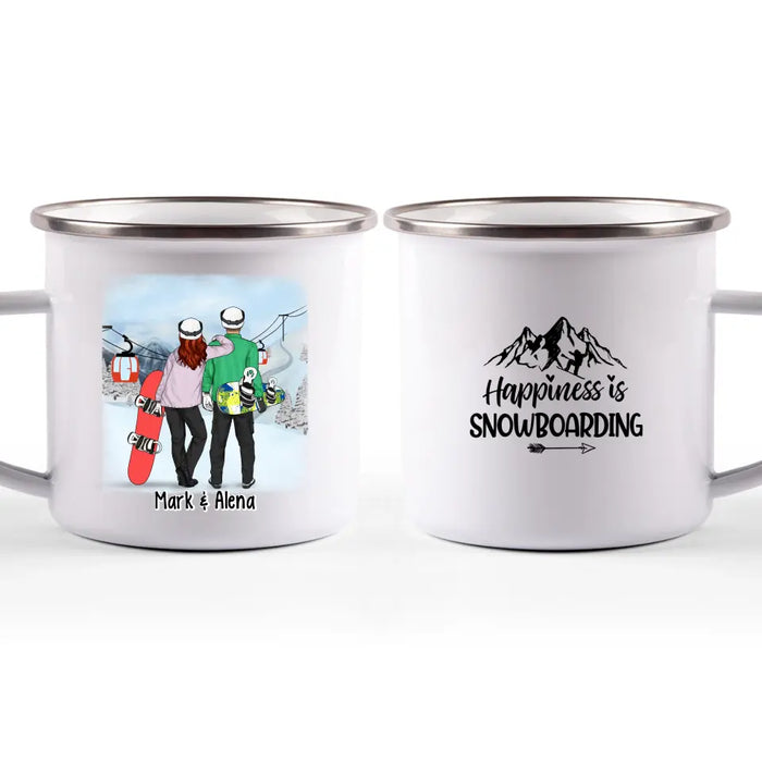 Personalized Campfire Mug, Snowboarding Couple and Friends, Gift for Snowboarding Lovers