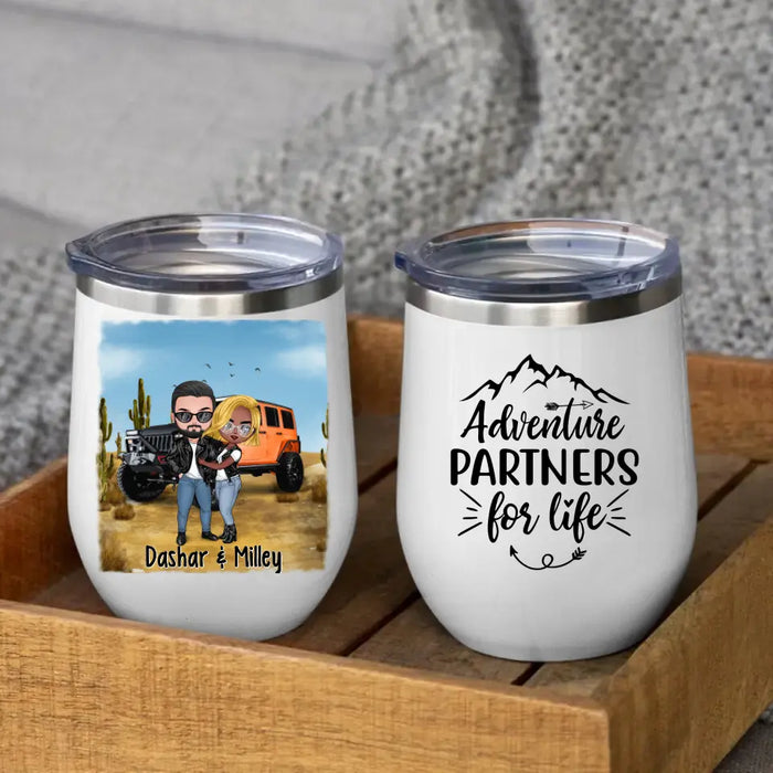 Off-Road Couple Hugging, Driving Together - Personalized Wine Tumbler For Car Lovers, Off-Road