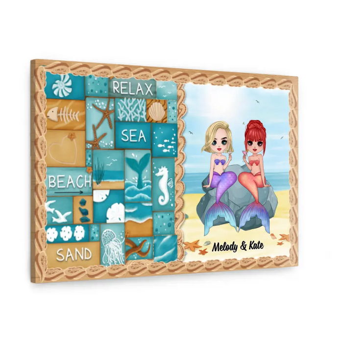 Up To 6 Chibi Relax Sea Beach Sand - Personalized Canvas For Her, Friends, Sister, Mermaid