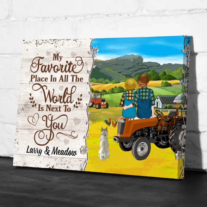 Personalized Canvas, My Favorite Place In All The World Is Next To You, Farming Couple Sitting On Tractor, Up To 3 Dogs, Gift For Farmers, Dog Lovers