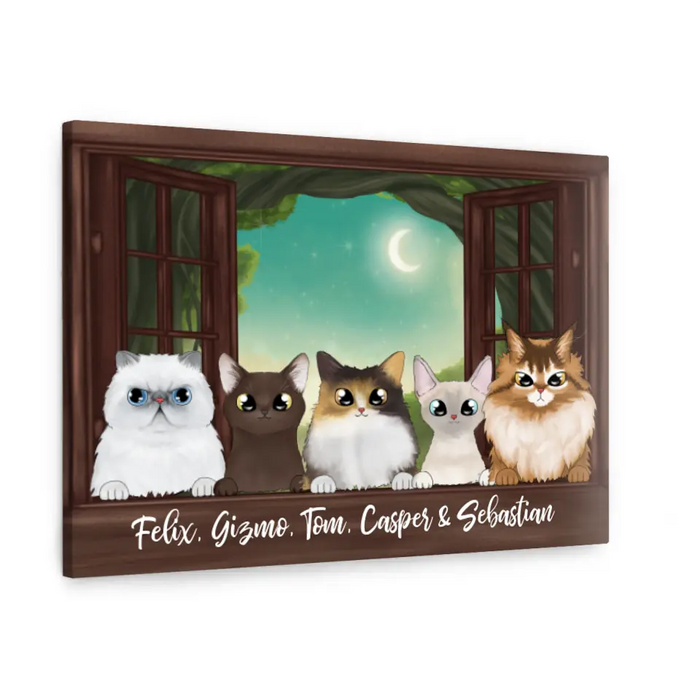 Personalized Landscape Canvas, Cats Peeking On Window, Up to 5 Cats, Gifts for Cat Lovers