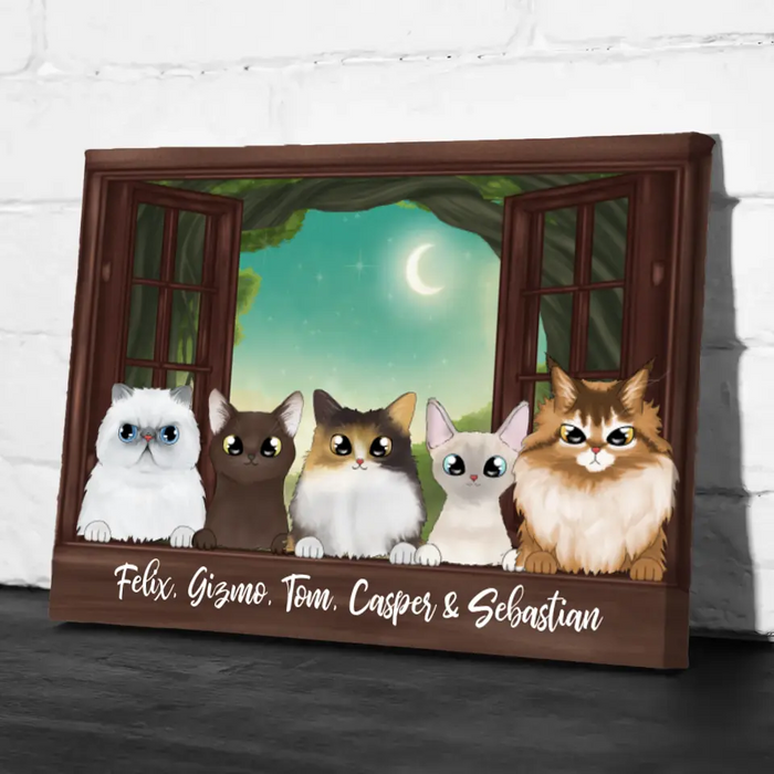 Personalized Landscape Canvas, Cats Peeking On Window, Up to 5 Cats, Gifts for Cat Lovers
