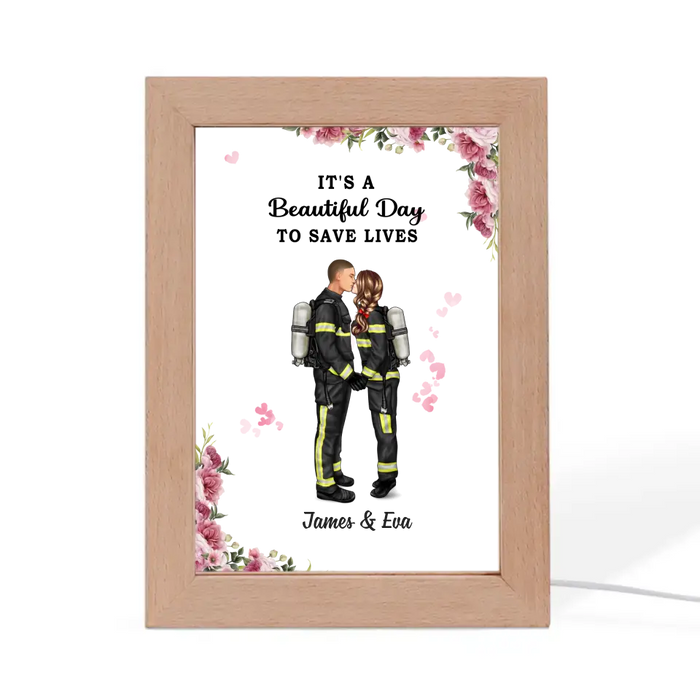 It's a Beautiful Day To Save Lives -  Personalized Gift Custom Photo Frame Lamp, Gift For Couples, Firefighter, EMS, Nurse, Police Officer, Military Couple Portrait