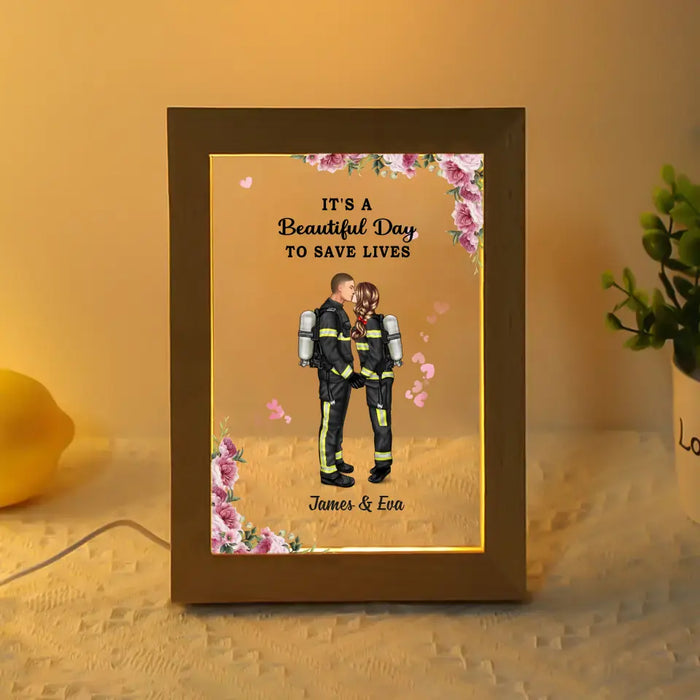 It's a Beautiful Day To Save Lives -  Personalized Gift Custom Photo Frame Lamp, Gift For Couples, Firefighter, EMS, Nurse, Police Officer, Military Couple Portrait