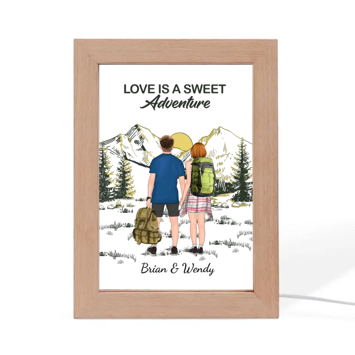 Love Is A Sweet Adventure - Personalized Gifts Custom Photo Frame Lamp for Couples, Hiking Lovers
