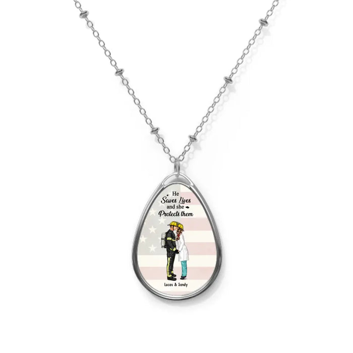 He Saves Lives And She Protects Them - Personalized Gift Custom Necklace For Firefighter EMS Nurse Police Officer Military Couples