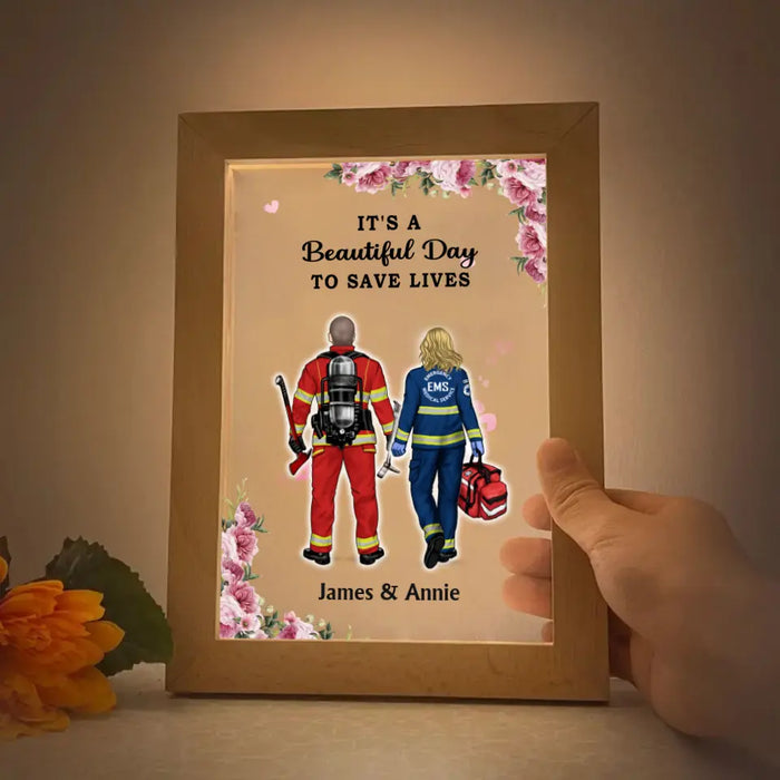 We Make The Difference Every Single Day - Personalized Gift Custom Photo Frame Lamp, Gift For Couples, Firefighter, EMS, Nurse, Police Officer, Military Couple Portrait