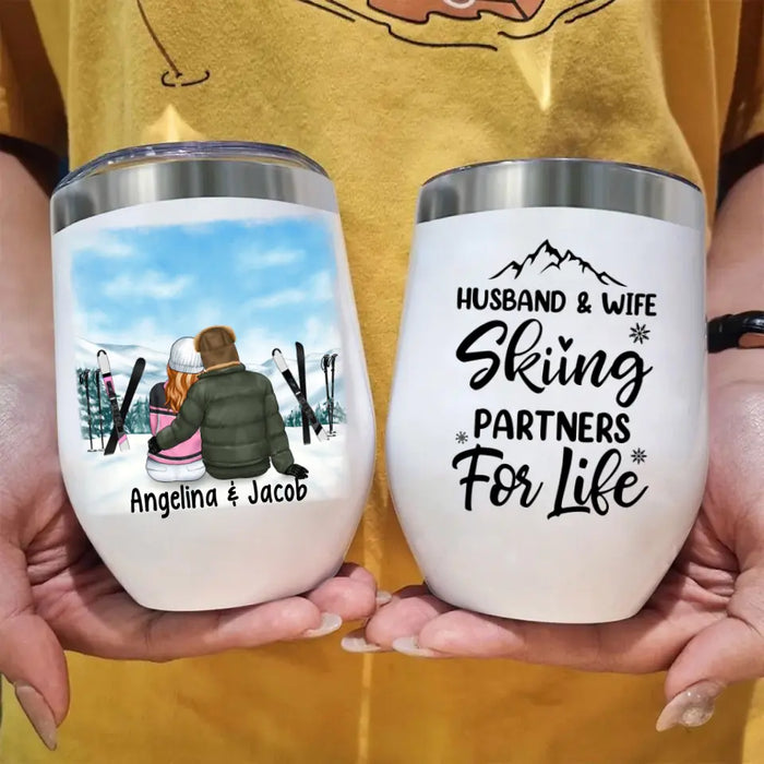 Skiing Couple Sitting Together - Personalized Wine Tumbler For Her, Him, Skiing