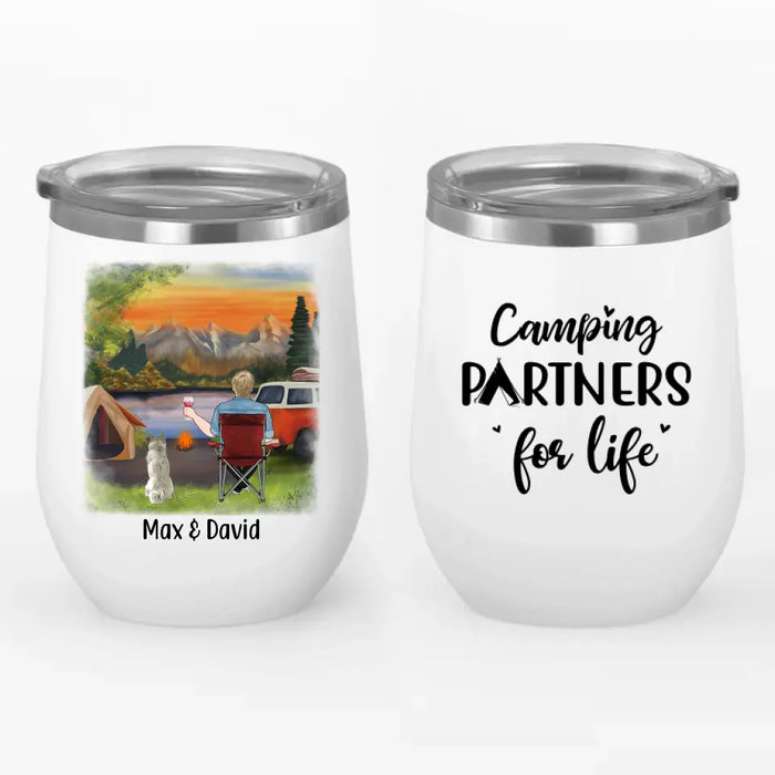 Personalized Wine Tumbler, Man Camping With Dogs, Gift For Campers, Gift For Dog Lovers