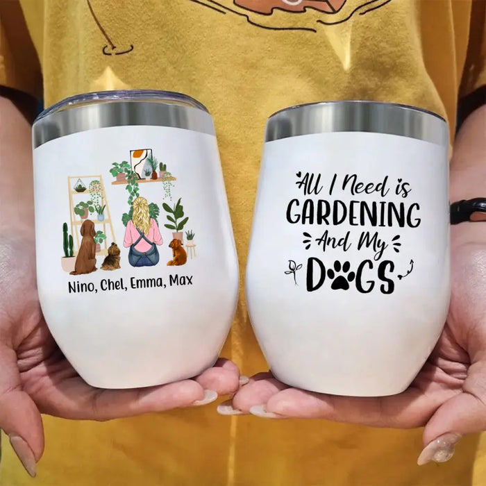 Personalized Wine Tumbler, A Girl Gardening With Dogs, Gift For Gardeners And Dog Lovers