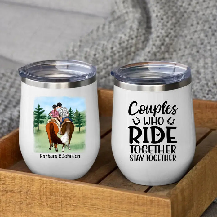Personalized Wine Tumbler, Horseback Riding Couple Holding Hand, Gift For Horse Lovers