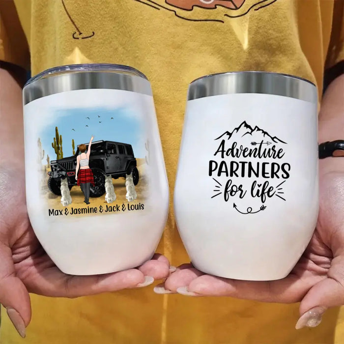 Personalized Wine Tumbler, Adventure Girl With Cats And Dogs, Custom Gift For Dogs and Car Lovers