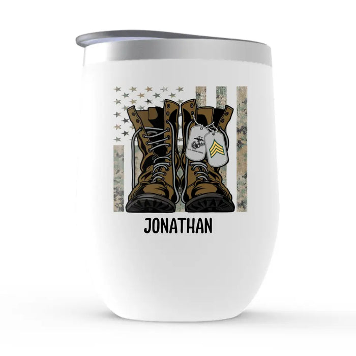 Personalized Wine Tumbler, Military Dog Tag, Combat Boots And Camo, Gifts For People In The Military
