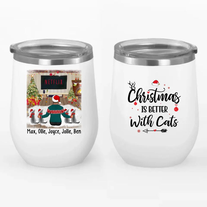 Personalized Wine Tumbler, Christmas Man And Cats, Gift For Cat Lovers